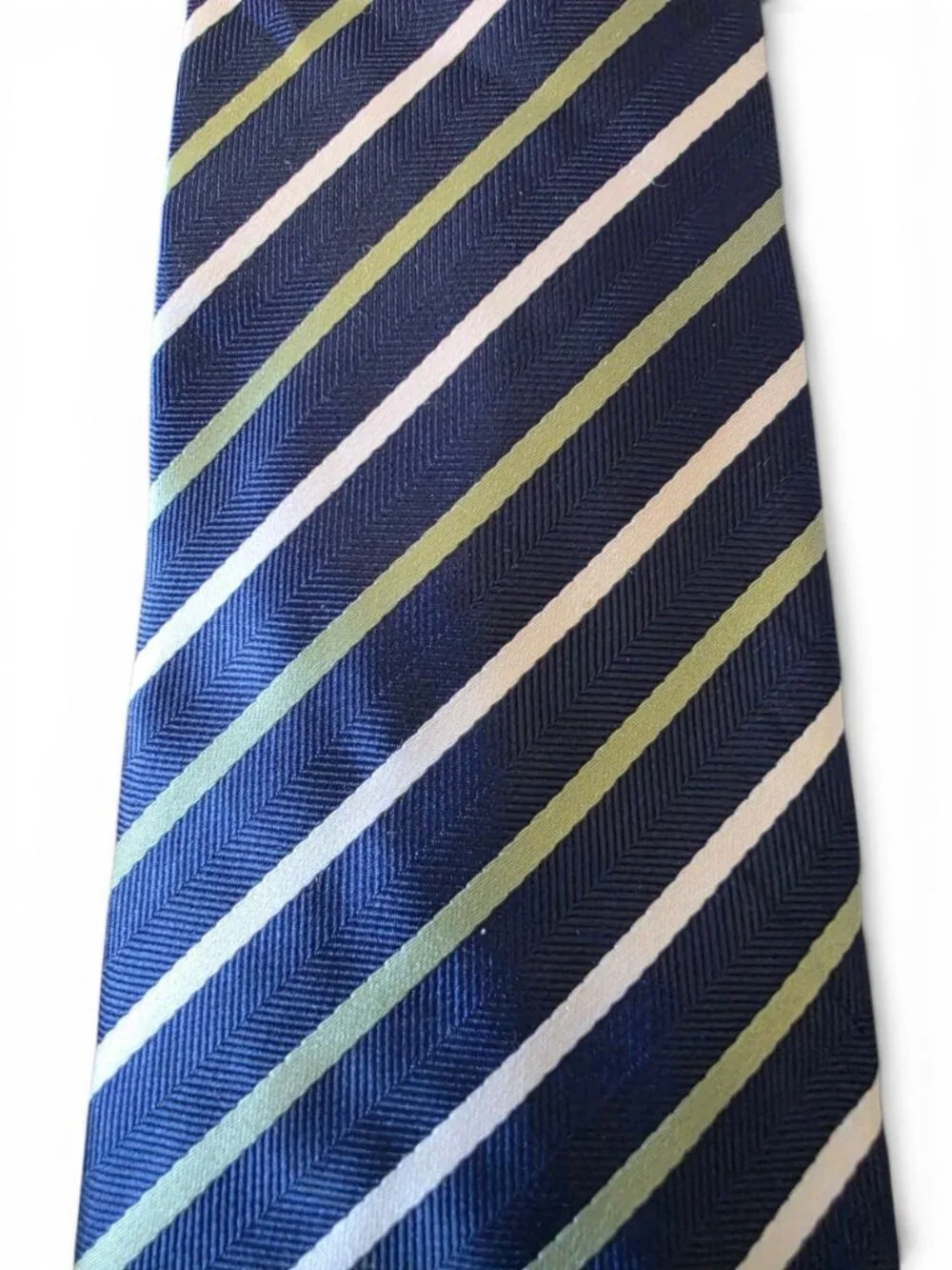 Republic Mens Necktie Navy Blue Green White Stripe Herringbone Woven Classic